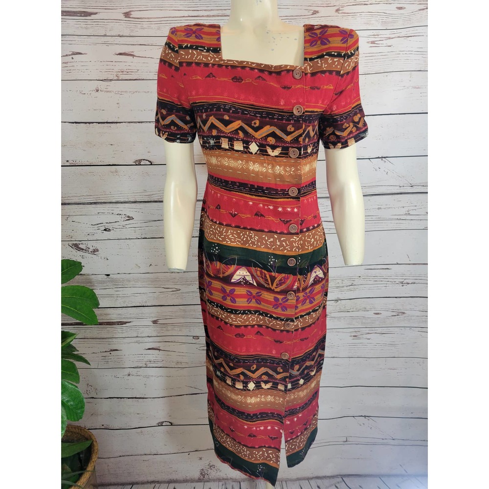 Retro Vintage JSJ Petites Multicolor Aztec Pattern Button‎ Front Dress Medium